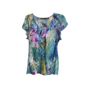 Hayley Matthews Blue Pattern Ruffle Front Short Sleeve Blouse Size XL Officecore